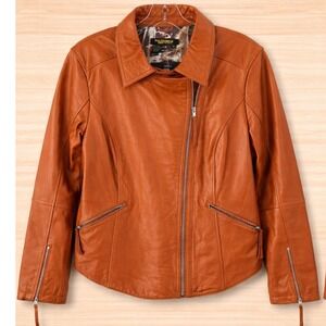 Twiggy London Womens Cognac Brown Genuine Leather Moto Biker Jacket 1X RN77025